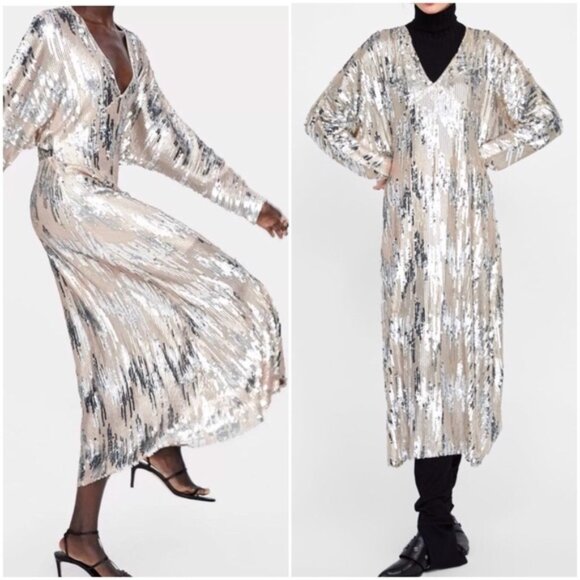 ZARA SILVER SEQUIN Glam Midi DRESS Gown 2878/467 Maxi Evening Holiday Party NWT - Picture 8 of 8